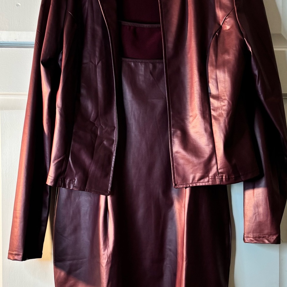 Faux Leather Mini Dress with Matching Jacket in Deep Burgundy